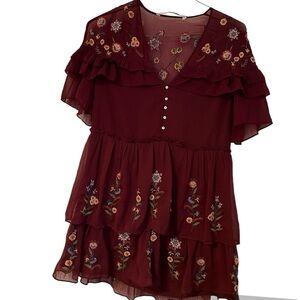 Zara Dress Fairy Floral Burgundy Boho Tiered Ruffled Embroidery Feminine Size M